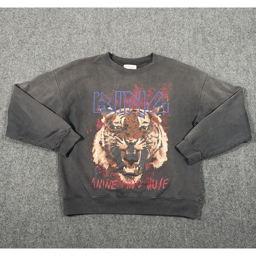 ANINE BING Tiger Sweatshirt Women's Small Charcoal Gray Muse Graphic Crewneck